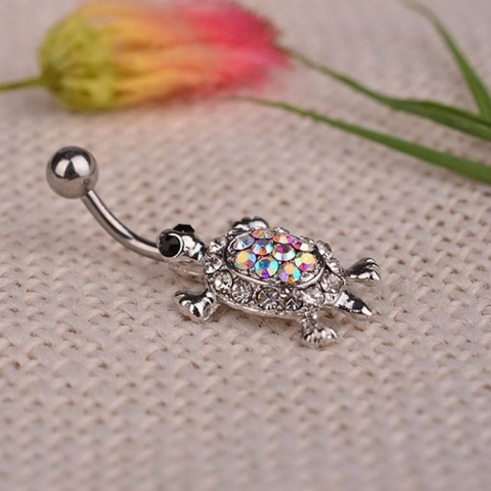 Multicolor Crystal Cute Turtle Belly Button Ring - Picture 1 of 8